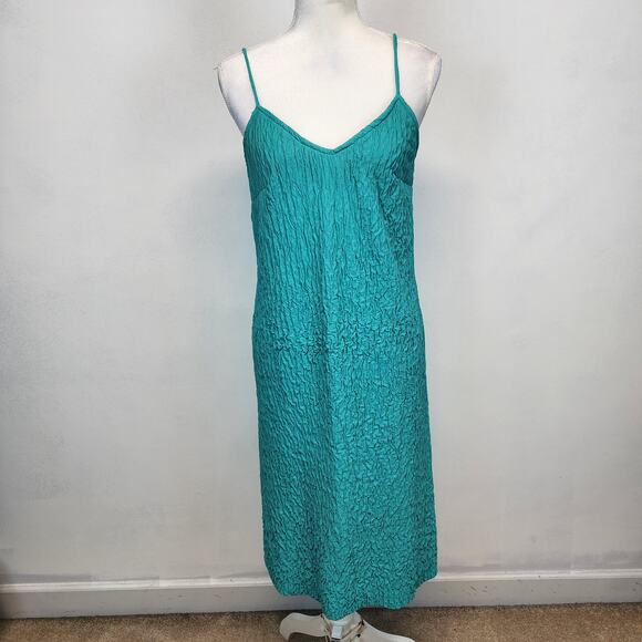 Vintage Y2K Slip Dress Size M 10 Blue Crinkle Textured V-neck Retro 2000s Chic - Picture 1 of 13